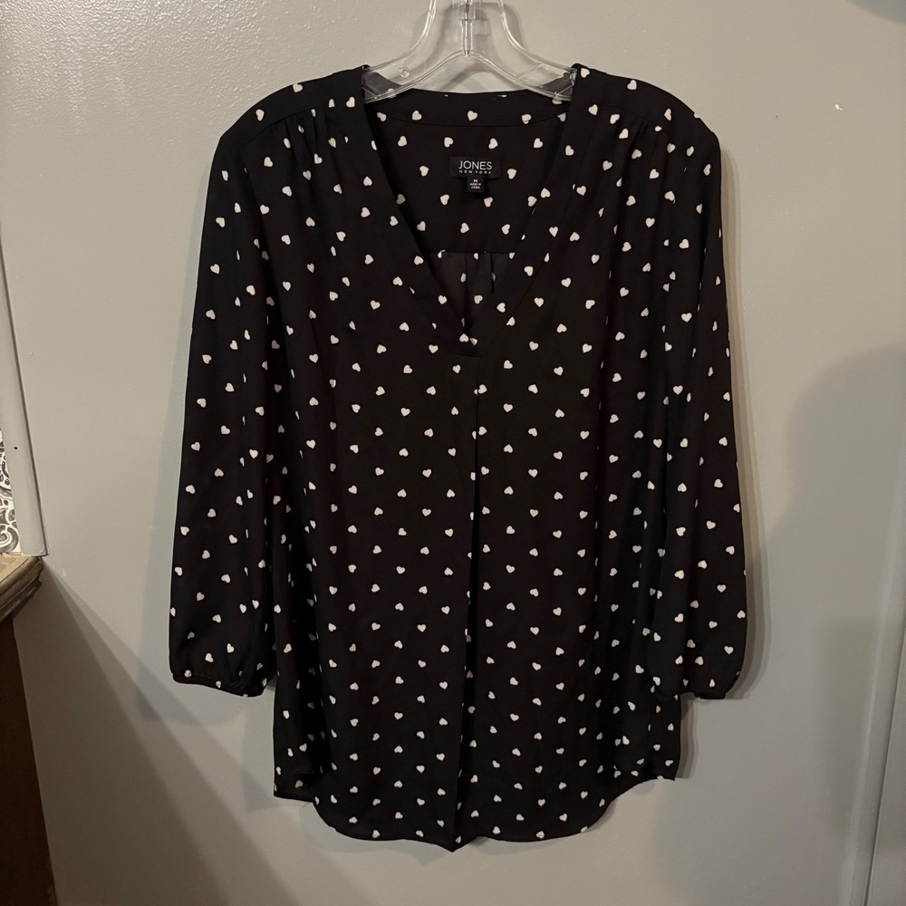 Jones New York Blouse Top Medium Black White Heart Print Long Sleeve - Picture 3 of 8